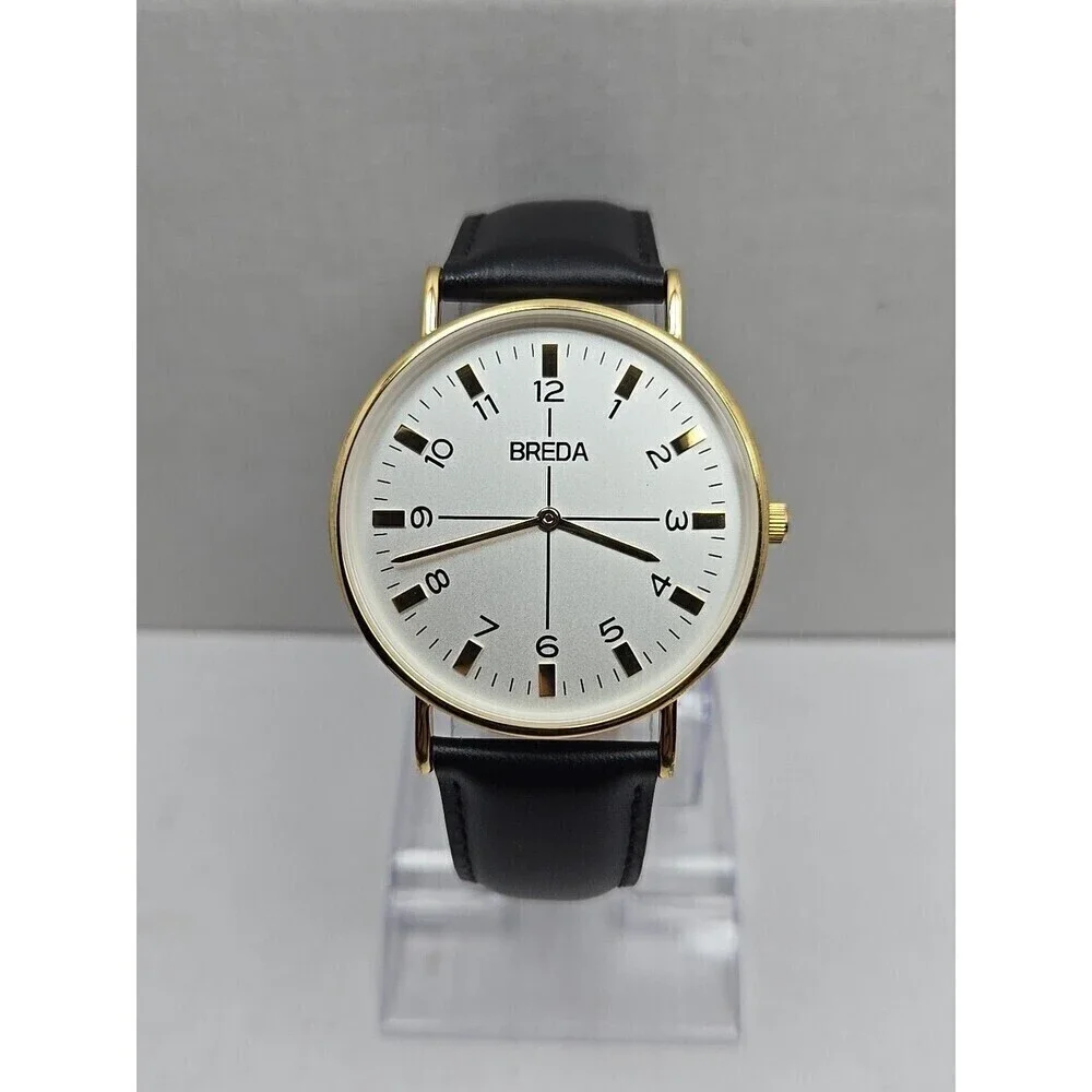 Breda Gold White Dial Quartz Unisex Watch Black Leather Strap New Battery Dallas